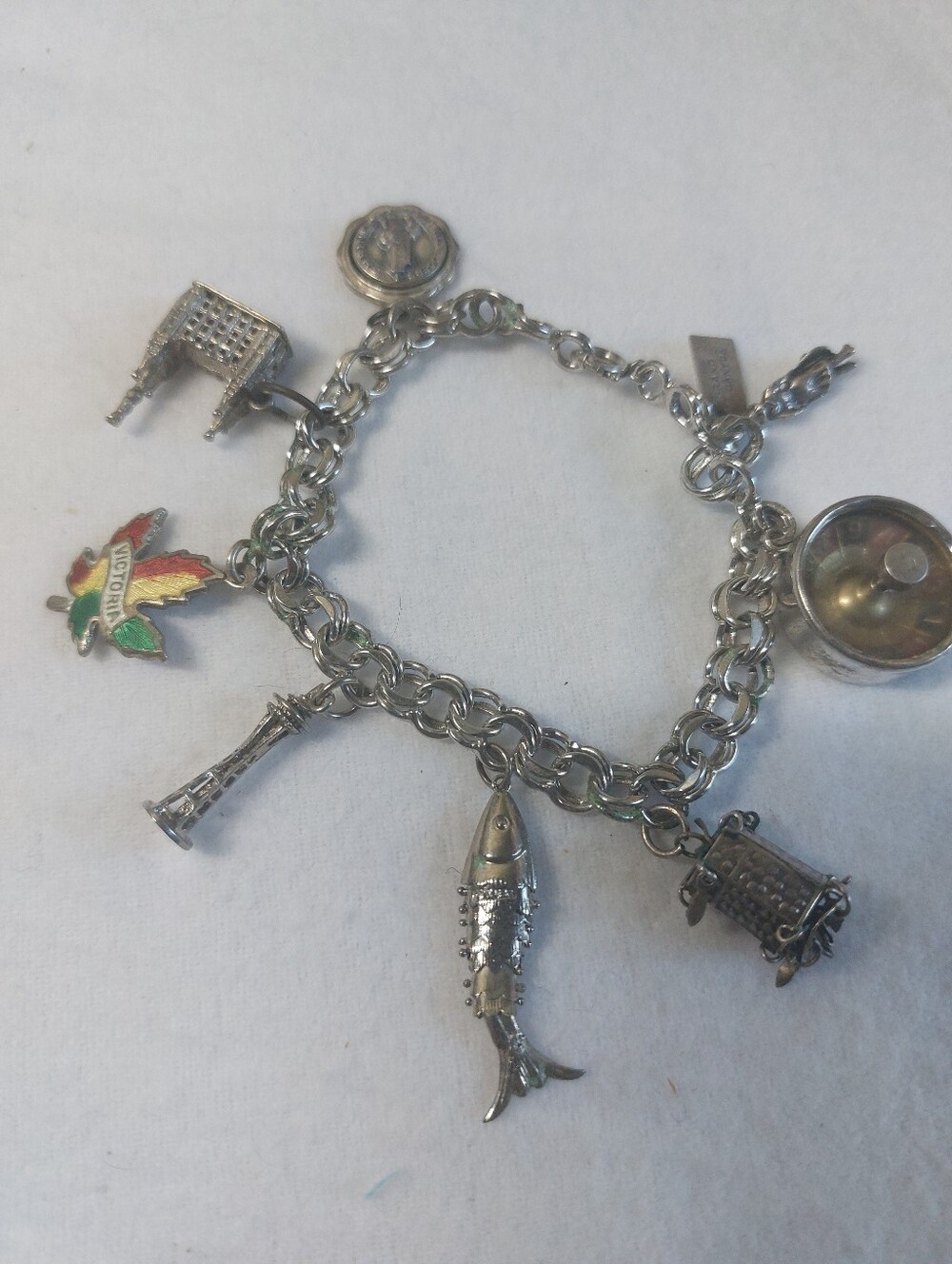 VTG Estate Sterling Silver Travel Double Link Chain Charm Bracelet, Mid-Century